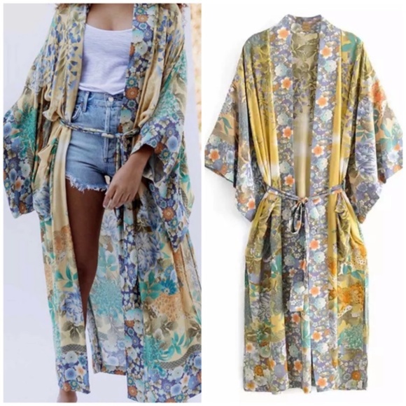 Sweaters - boho yellow floral print belted kimono cardigan